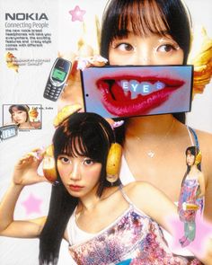 an advertisement for nokia featuring two women with cell phones on their heads and one holding up a phone to her face