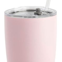 a pink tumbler cup with a straw sticking out of it's top and lid