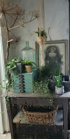 an old table with some plants on it