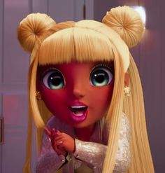 an animated doll with blonde hair and big eyes