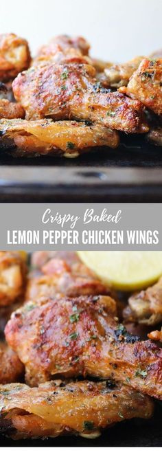 lemon pepper chicken wings on a baking sheet with text overlay that reads crispy baked lemon pepper chicken wings