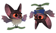 two cartoon bats with orange eyes and brown wings, one is wearing a blue hat