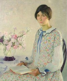 a painting of a woman sitting at a table with a book in front of her