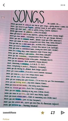 a notepad with the words songs written on it in different colors and font styles