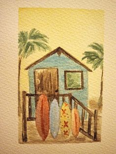 watercolor painting of surfboards on the beach with a life guard hut in the background