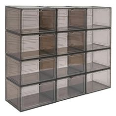 a large stack of clear plastic drawers with brown and tan bins on each side