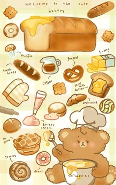 a poster with different types of breads and pastries on it's sides