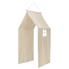 a white tent that is open and has curtains on the sides, with one side closed