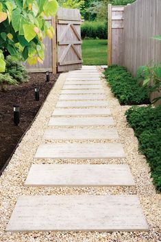 a stone path in the middle of a garden with green plants and gravel on both sides