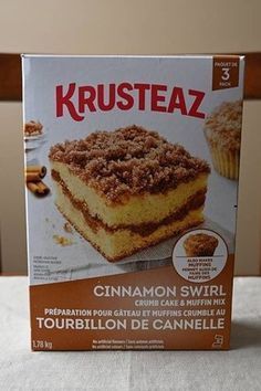 a box of krusteaz cinnamon swirl cake and muffin mix on a table