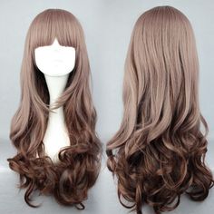 60cm Long Curly Light Brown Ombre Wig Wavy Synthetic Hair Cosplay Wigs with bangs Harajuku Anime Costume Wig for Women Party + Free Hair Cap Realistic Wigs, Brown Anime, Kawaii Wigs, Brown Curly Hair, Anime Wigs, Kawaii Hairstyles, Beautiful Wigs, Ombre Wigs, Brown Wig