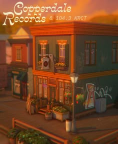 an animated image of a building with flowers on the outside and words that read copperdale records & 1013 krct