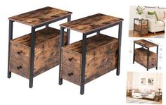 two end tables with drawers are shown next to each other, and one is made out of wood