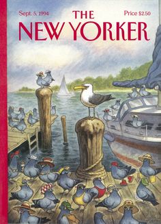 the new yorker magazine cover with seagulls and boats in the water near dock