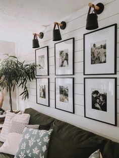 a living room with pictures on the wall and a couch next to a potted plant