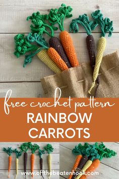 crocheted rainbow carrots with text overlay that says free crochet pattern