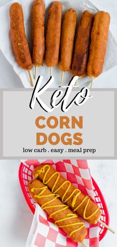 ketchup and corn dogs on skewers with text overlay