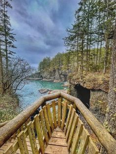 a wooden staircase going down to the water in a wooded area with trees on both sides