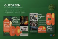 an outdoor rental brochure is displayed on a green background