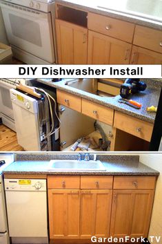 before and after pictures of a dishwasher installed in a kitchen with the words diy dishwasher installed above it