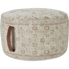 a round ottoman with a wooden handle on the front and side, made from fabric