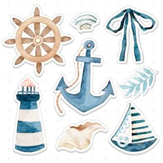 some watercolor stickers with different things on them, including an anchor, wheel and sail