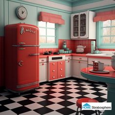 an old fashioned kitchen with checkered flooring and red refrigerator in the corner,