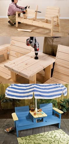 an outdoor table and bench made out of pallet wood with a child sitting on it