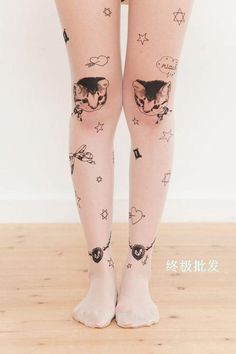 Cat Tights, Tattoo Tights, Cat Stockings, Cute Asian Fashion, Printed Tights, Cat Fashion, Sheer Tights, Star Tattoos, Socks And Tights