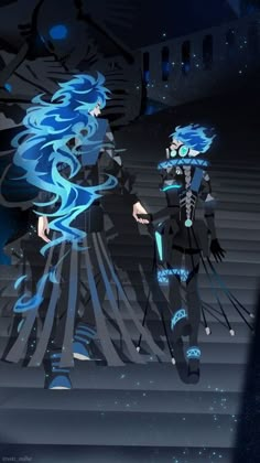 two anime characters are walking up some stairs in front of the camera, with blue hair and black clothes