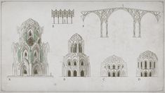 architectural drawings of gothic architecture, including arches and windows with green glass on the sides