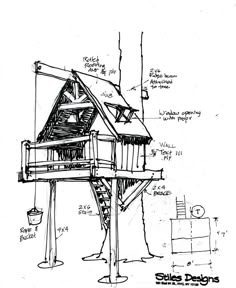 a drawing of a house on stilts with plans for the roof and side walls