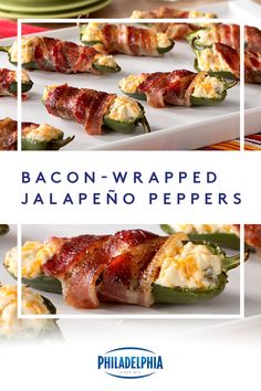 bacon wrapped jalapeno peppers on a white platter with text overlay