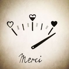 the word merci written in black ink on a white background with hearts and an instrument