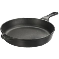 an empty cast iron skillet on a white background