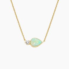 Willa Opal and Diamond Pendant - 14K Yellow Gold. A pear-shaped opal cabochon is horizontally bezel set with a sparkling diamond at its base for a captivating, whimsical look (1/15 total carat weight). 2024 List, Detailed Necklace, Sparkling Diamond, Brilliant Earth, Tennis Necklace, Sparkle Diamonds