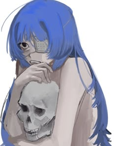 a drawing of a woman with blue hair holding a skull in her arms and looking at the camera