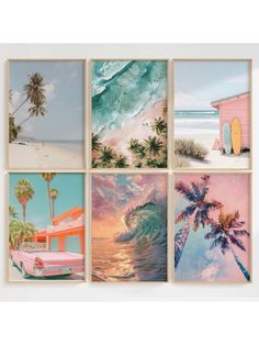 four framed pictures of the beach with palm trees and surfboards on them, one is pink