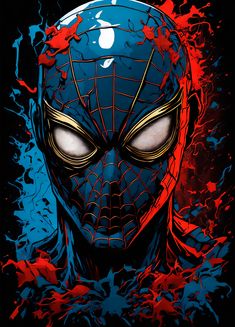 the spider - man face is shown in red, blue and black paint splattered on