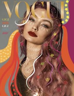 a magazine cover with a woman's face and hair on the cover, in front of an abstract background