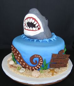 a birthday cake with a shark on top