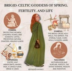 a woman wearing a green dress and holding a brown purse with the words, bridal celtic goddesss of spring, fertitivly, and life