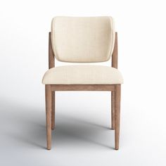 a wooden chair with a beige upholstered seat and back rest, viewed from the front