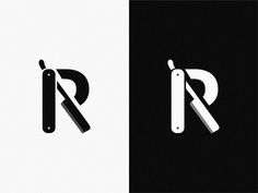 a black and white logo with the letter r in it's center, next to a pair of scissors