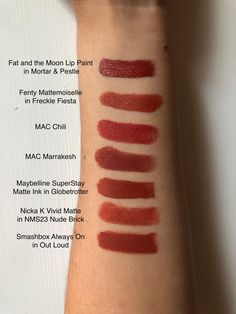 Red Lipstick Collection, Mac Red Lipstick Swatches, Brick Color Lipstick, Red Hair Lipstick, Brick Brown Hair Color, Cool Red Lipstick Shades, Brick Red Lip, Brown Lipstick Swatches, Brick Red Nails