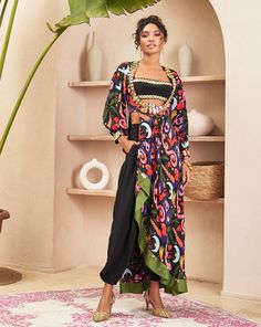 Sloane Black Jungle Print Jacket with Dhoti Pant & Top – Panache by Sharmeen Dhoti Skirt, Embroidered Bustier, Pant Top, Half Jacket, Dhoti Pants, Printed Jacket, Contemporary Elements, Jungle Print, Skirt Co Ord