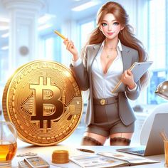 a woman holding a pen and pointing at a bitcoin