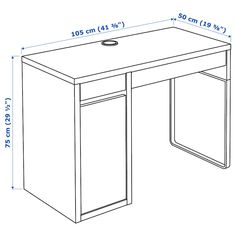 a drawing of a desk with measurements for the top and bottom section, including one drawer