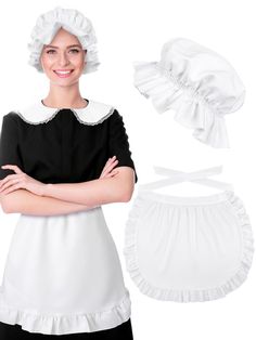 PRICES MAY VARY. Lovely Colonial Costume Accessories Set: the package includes 1 colonial hat, and 1 piece of apron for women, a nice combination to satisfy your various dressing and matching needs on holiday, and give you a retro and charming look Comfortable and Delicate Bonnet: the white bonnet features cute ruffles and classic white color, to add your beauty and elegance; It's made of polyester material, comfortable and lightweight to wear, with adjustable ties, proving your head with a snug Colonial Hat, Classical Clothing, Colonial Costume, Maid Girl, Mob Cap, Maid Apron, White Bonnet, Cute Apron, 18th Century Costume