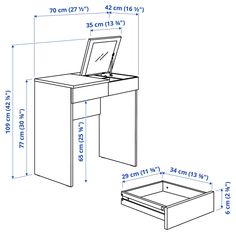 a drawing of a desk with drawers and a laptop computer on it, measurements for each drawer